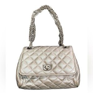 Ann Taylor Women's Quilted Shoulder Bag Silver with Silver Linked Chain